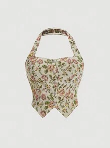 SHEIN MOD Top halter con estampado floral bajo asimétrico - Multicolor - Ver 1