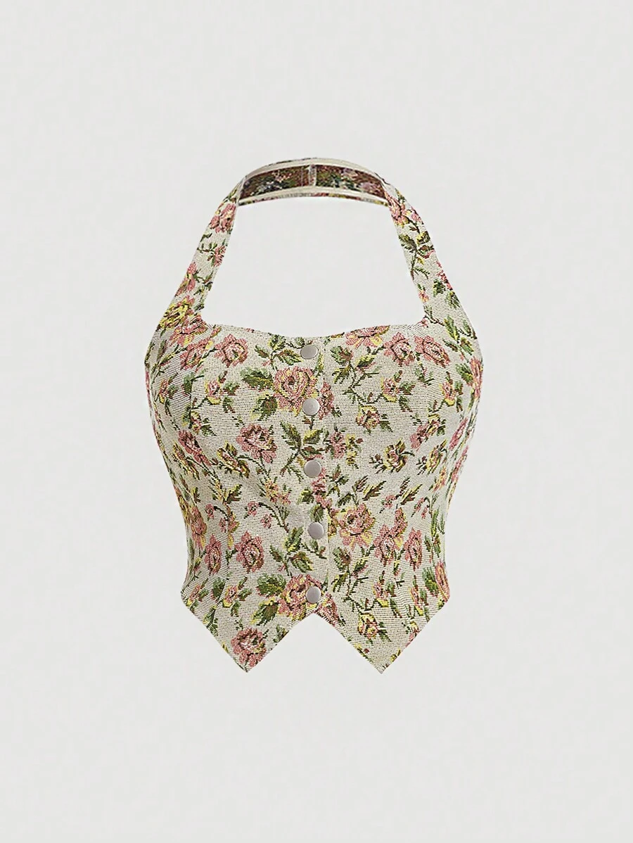 SHEIN MOD Top halter con estampado floral bajo asimétrico - Multicolor - Ver 1