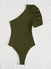 SHEIN Privé One Shoulder Puff Sleeve Ribbed Knit Bodysuit - Army Green - View 2