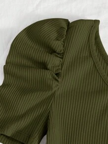 SHEIN Privé One Shoulder Puff Sleeve Ribbed Knit Bodysuit - Army Green - View 4