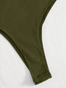 SHEIN Privé One Shoulder Puff Sleeve Ribbed Knit Bodysuit - Army Green - View 5