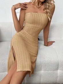 SHEIN Privé Split Thigh Tube Bodycon Dress - Camel - View 6