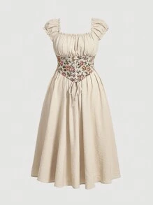 SHEIN MOD Plus Floral Print Lace Up Front Ruched Bust Dress - Apricot - View 1