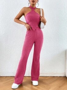 SHEIN Essnce Bộ đồ hai mảnh nữ Bất đối xứng Lộ Lưng Xù nhỏ Gân đan màu trơn Giải trí - Màu Hồng Tươi - Xem 3