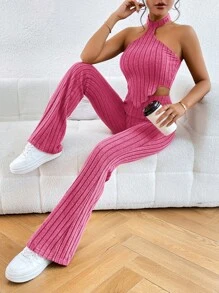 SHEIN Essnce Bộ đồ hai mảnh nữ Bất đối xứng Lộ Lưng Xù nhỏ Gân đan màu trơn Giải trí - Màu Hồng Tươi - Xem 6