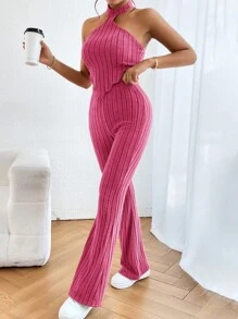 SHEIN Essnce Bộ đồ hai mảnh nữ Bất đối xứng Lộ Lưng Xù nhỏ Gân đan màu trơn Giải trí - Màu Hồng Tươi - Xem 1