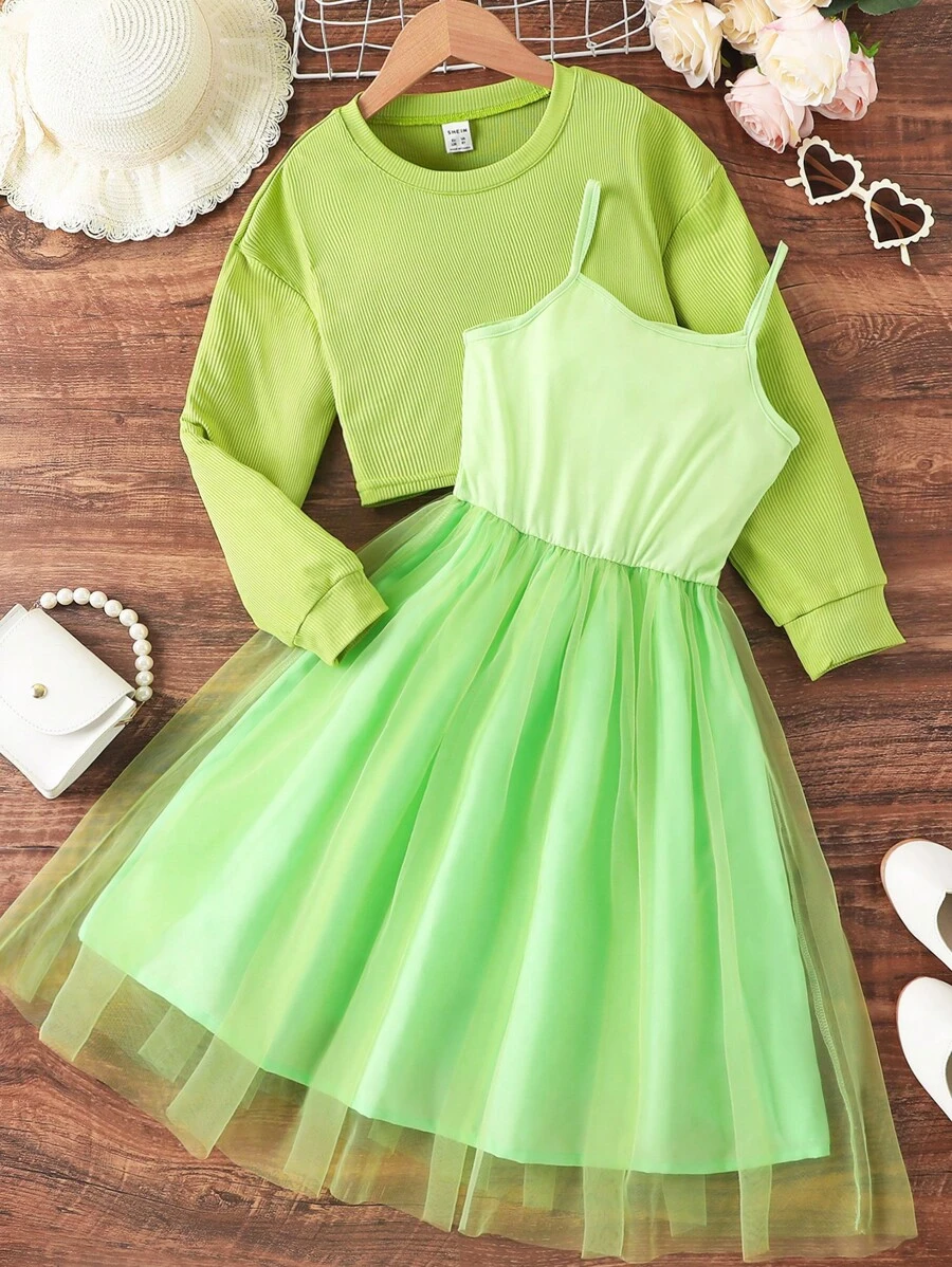 SHEIN 女孩落肩袖運動衫和網紗覆蓋吊帶洋裝 - 綠色 - 查看 1