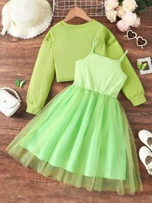 SHEIN 女孩落肩袖運動衫和網紗覆蓋吊帶洋裝 - 綠色 - 查看 2