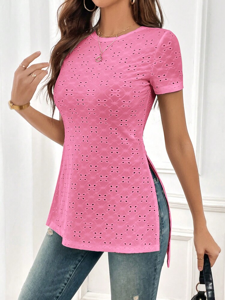 SHEIN Essnce 網眼刺繡下擺開叉T恤 - 粉色 - 查看 4