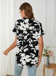 SHEIN LUNE Áo sơ mi nữ Nút phía trước Hoa Tất cả trên in Boho - Đen và trắng - Xem 2