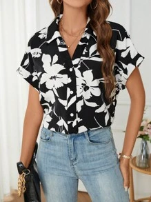 SHEIN LUNE Áo sơ mi nữ Nút phía trước Hoa Tất cả trên in Boho - Đen và trắng - Xem 1