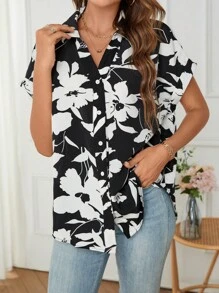 SHEIN LUNE Áo sơ mi nữ Nút phía trước Hoa Tất cả trên in Boho - Đen và trắng - Xem 6