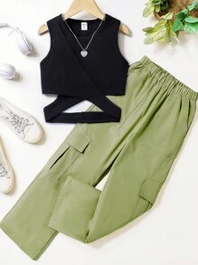 SHEIN Cô gái Tween Cắt ra Áo ba lỗ & Túi có nắp Quần Cargo - xanh quân đội - Xem 1
