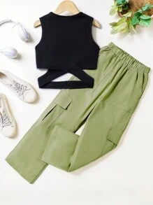 SHEIN Cô gái Tween Cắt ra Áo ba lỗ & Túi có nắp Quần Cargo - xanh quân đội - Xem 2