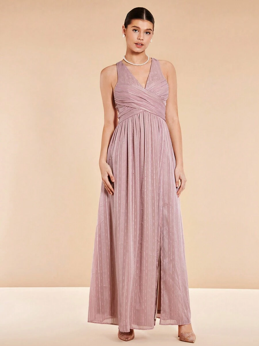 SHEIN Belle Surplice Neck Split Hem Bridesmaid Dress - Dusty Pink - View 1