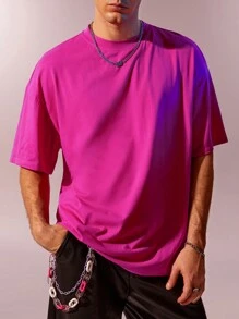 Manfinity Roghcode Loose Fit Men Solid Color Drop Shoulder Plain Short Sleeve T-Shirt, Fashion - Hot Pink - View 1