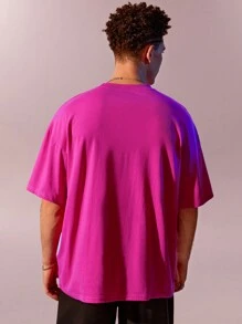 Manfinity Roghcode Loose Fit Men Solid Color Drop Shoulder Plain Short Sleeve T-Shirt, Fashion - Hot Pink - View 2