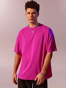 Manfinity Roghcode Loose Fit Men Solid Color Drop Shoulder Plain Short Sleeve T-Shirt, Fashion - Hot Pink - View 3