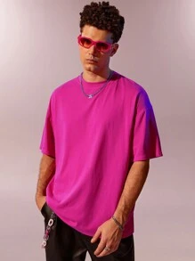 Manfinity Roghcode Loose Fit Men Solid Color Drop Shoulder Plain Short Sleeve T-Shirt, Fashion - Hot Pink - View 4