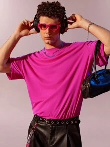 Manfinity Roghcode Loose Fit Men Solid Color Drop Shoulder Plain Short Sleeve T-Shirt, Fashion - Hot Pink - View 5