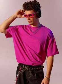 Manfinity Roghcode Loose Fit Men Solid Color Drop Shoulder Plain Short Sleeve T-Shirt, Fashion - Hot Pink - View 6