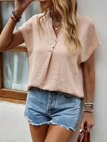 SHEIN LUNE Áo sơ mi nữ Nút phía trước màu trơn Giải trí - Màu Khaki - Xem 3