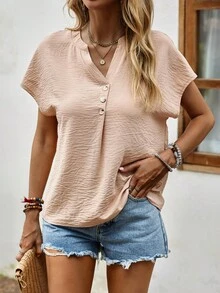 SHEIN LUNE Áo sơ mi nữ Nút phía trước màu trơn Giải trí - Màu Khaki - Xem 4