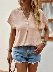 SHEIN LUNE Áo sơ mi nữ Nút phía trước màu trơn Giải trí - Màu Khaki - Xem 5