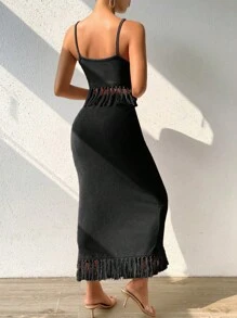 Breezaya 流蘇下擺吊帶上衣和高衩半身裙 - 黑色 - 查看 2
