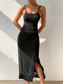 Breezaya 流蘇下擺吊帶上衣和高衩半身裙 - 黑色 - 查看 4