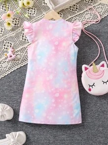 SHEIN Young Girl Unicorn Print Ruffle Trim Dress - Multicolor - View 2
