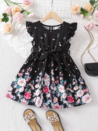 SHEIN 小女童印花荷葉邊繫腰帶連衣裙