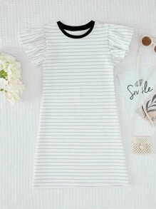 RueChic Teen Girls Striped Print Ruffle Trim Dress - White - View 1