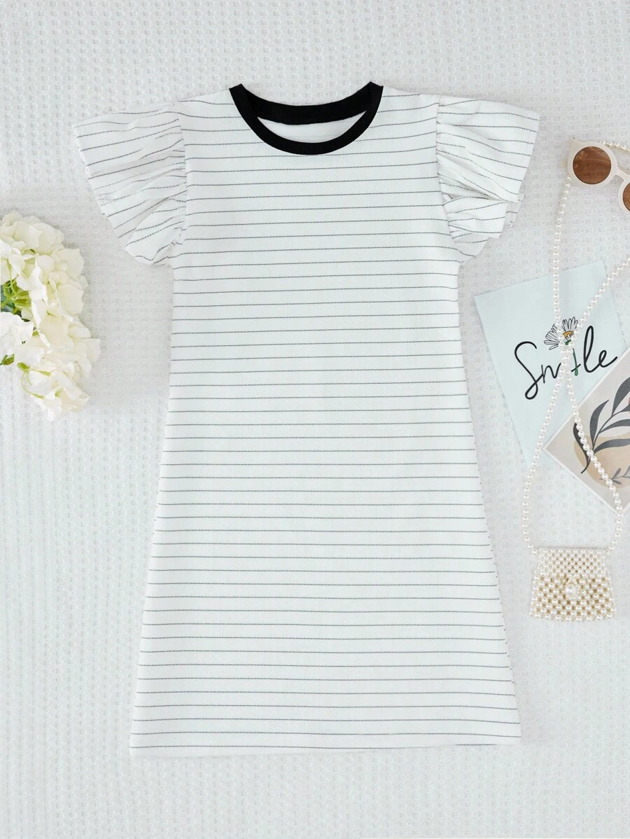 RueChic Teen Girls Striped Print Ruffle Trim Dress - White - View 1