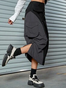 Colorblock Flap Pocket Ruched Drawstring Side Split Hem Cargo Skirt - Black - View 1