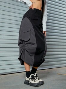 Colorblock Flap Pocket Ruched Drawstring Side Split Hem Cargo Skirt - Black - View 3