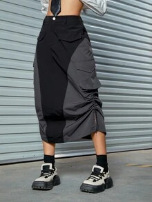 Colorblock Flap Pocket Ruched Drawstring Side Split Hem Cargo Skirt - Black - View 4