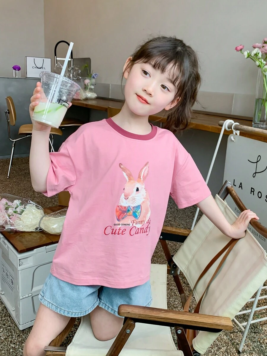 休閒拼接細邊卡通 字母女幼童上衣 - 粉色 - 查看 1