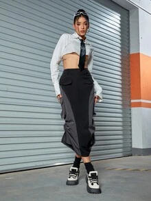 Colorblock Flap Pocket Ruched Drawstring Side Split Hem Cargo Skirt - Black - View 5