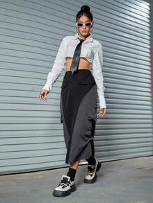 Colorblock Flap Pocket Ruched Drawstring Side Split Hem Cargo Skirt - Black - View 6