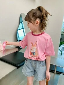 休閒拼接細邊卡通 字母女幼童上衣 - 粉色 - 查看 3