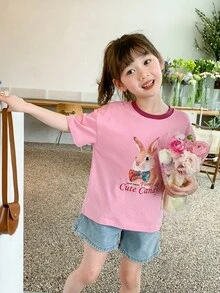 休閒拼接細邊卡通 字母女幼童上衣 - 粉色 - 查看 5