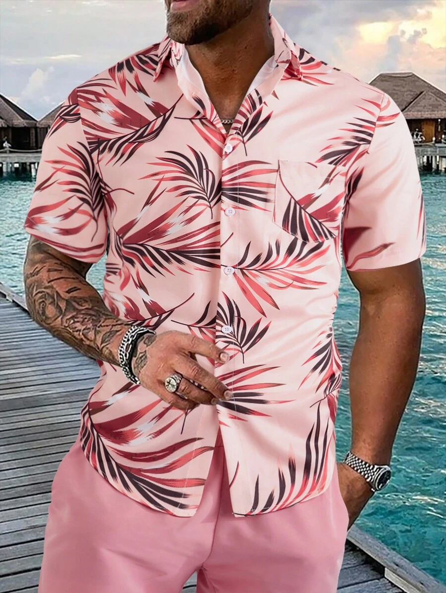 Manfinity RSRT Men Tropical Print One Pocket Front Shirt Without Tee - Coral Pink - View 1