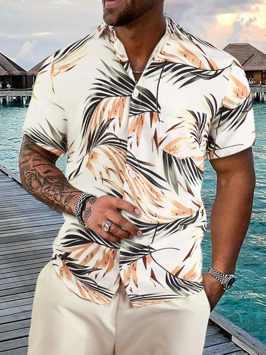 Manfinity RSRT Men Tropical Print One Pocket Front Shirt , Short Sleeve Button Up Graphic Colorful Shirt , Beach Friends - Apricot - View 1
