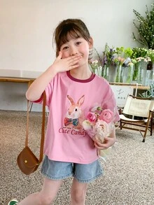 休閒拼接細邊卡通 字母女幼童上衣 - 粉色 - 查看 6