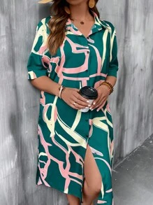 Breezaya Plus Allover Print Button Front Shirt Dress - Multicolor - View 1