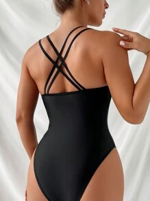 交叉深V領連體泳衣 - 黑色 - 查看 2
