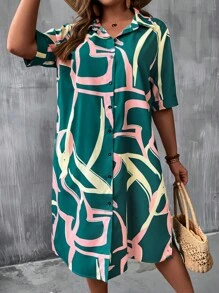 Breezaya Plus Allover Print Button Front Shirt Dress - Multicolor - View 6