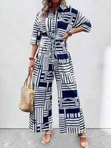 SHEIN LUNE Áo liền quần nữ Thắt lưng Nút phía trước Hình học In ngẫu nhiên Giải trí - Nhiều màu - Xem 3