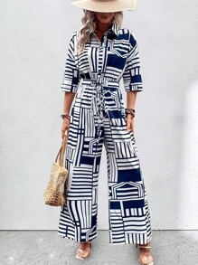 SHEIN LUNE Áo liền quần nữ Thắt lưng Nút phía trước Hình học In ngẫu nhiên Giải trí - Nhiều màu - Xem 5